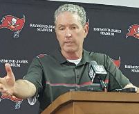 A slightly animated, very agitated Bucs coach Dirk Koetter discusses punting inside Denver territory in fourth quarter.